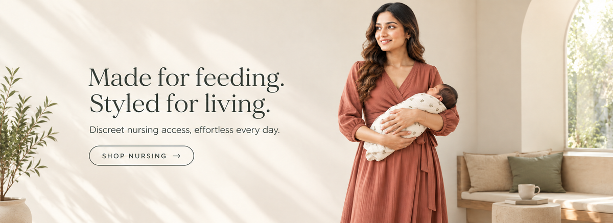 MamaCult nursing fashion banner featuring a mother in a terracotta wrap dress holding her baby