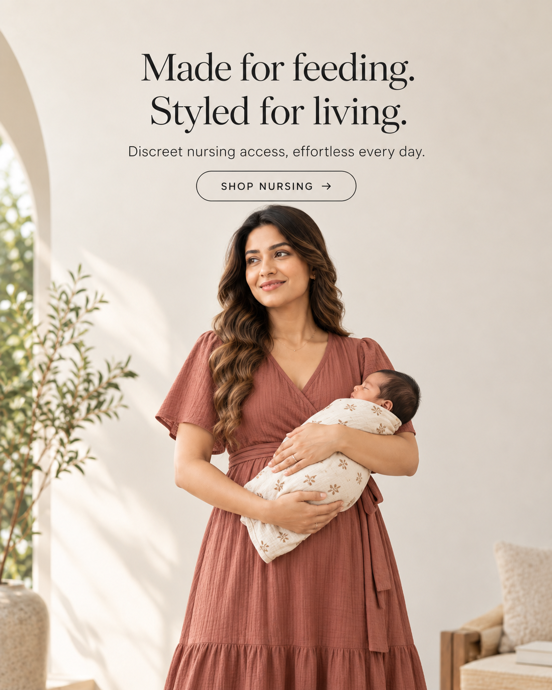 MamaCult nursing fashion mobile banner featuring a mother in a terracotta wrap dress holding her baby